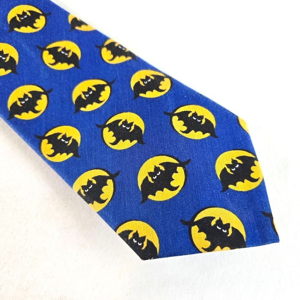 Bats Full Moon Neck Tie Blue Yellow Novelty Print Jan Steeler Spooky Halloween